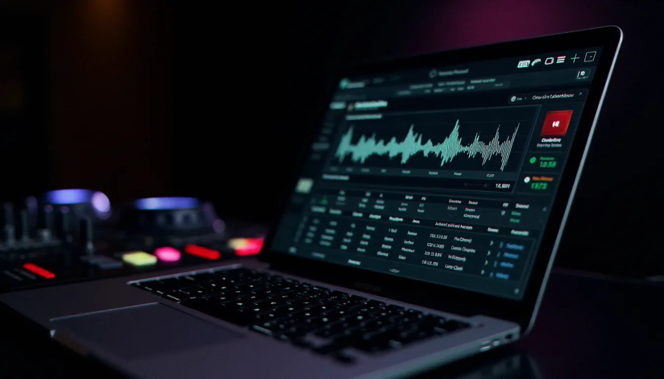 Écran d'ordinateur affichant un tableau de bord analytics Rekordbox dans une cabine DJ, illustrant l'analyse de données inspirée des statistiques du football Ligue 1