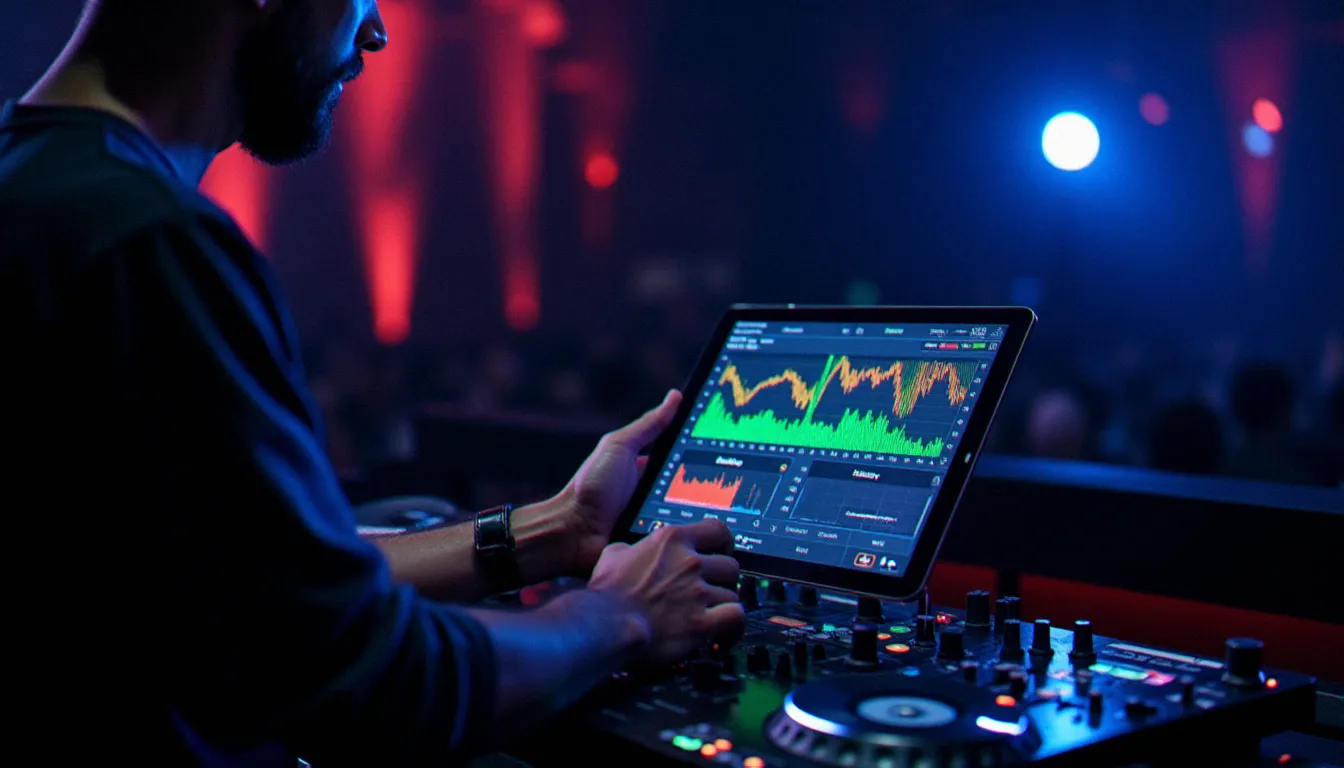 DJ concentré analysant des graphiques de performance musicale sur une tablette dans une cabine, illustrant la construction d'une identité sonore inspirée des meilleurs buteurs de Ligue 1