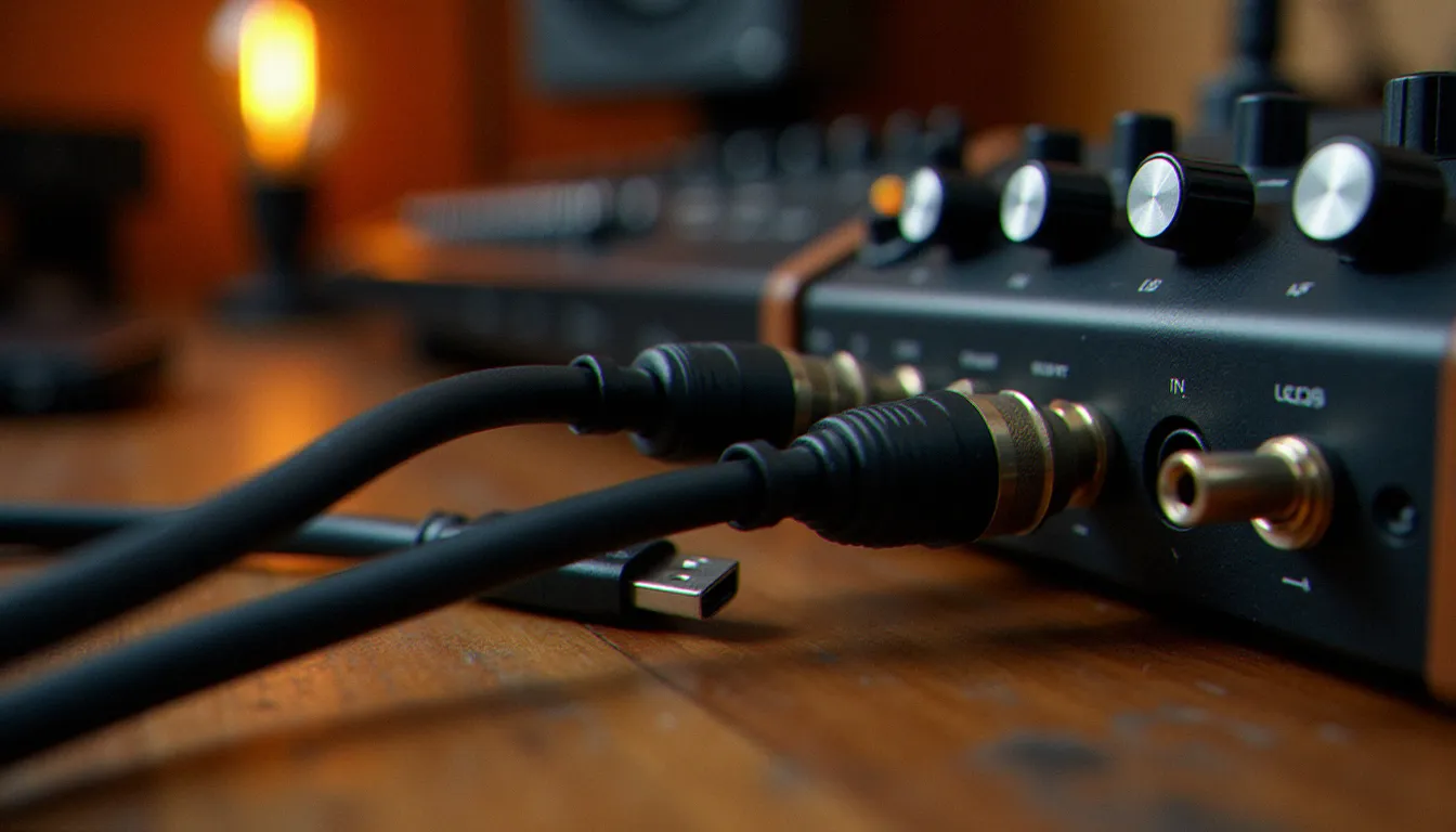 Câbles MIDI DIN 5 broches branchés sur synthétiseur analogique vintage aux côtés d'une interface USB-MIDI moderne, illustrant l'évolution des connexions MIDI