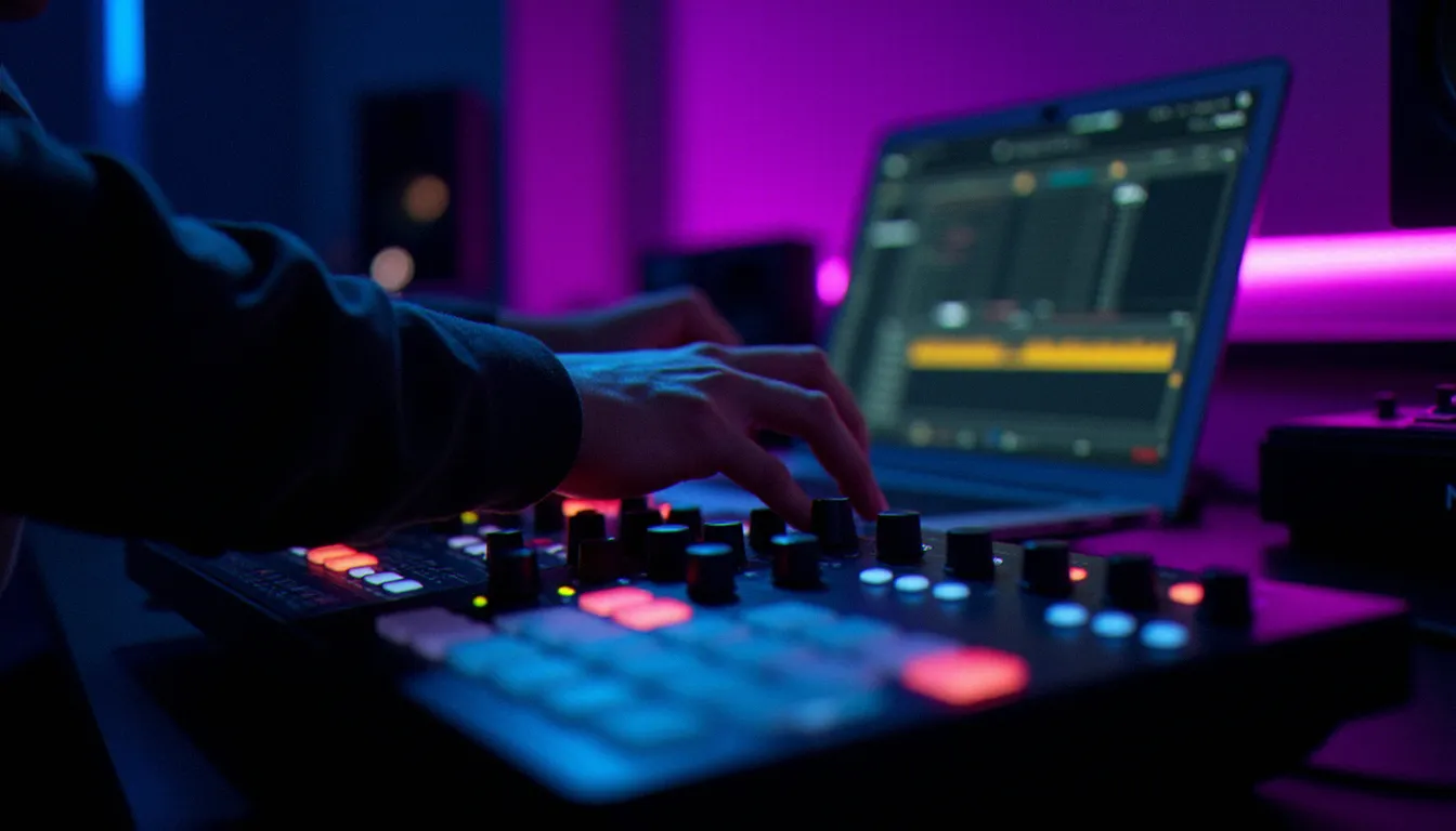 Producteur de musique électronique ajustant les faders d'un contrôleur MIDI illuminé connecté à un logiciel de production, illustrant l'utilisation du MIDI en studio