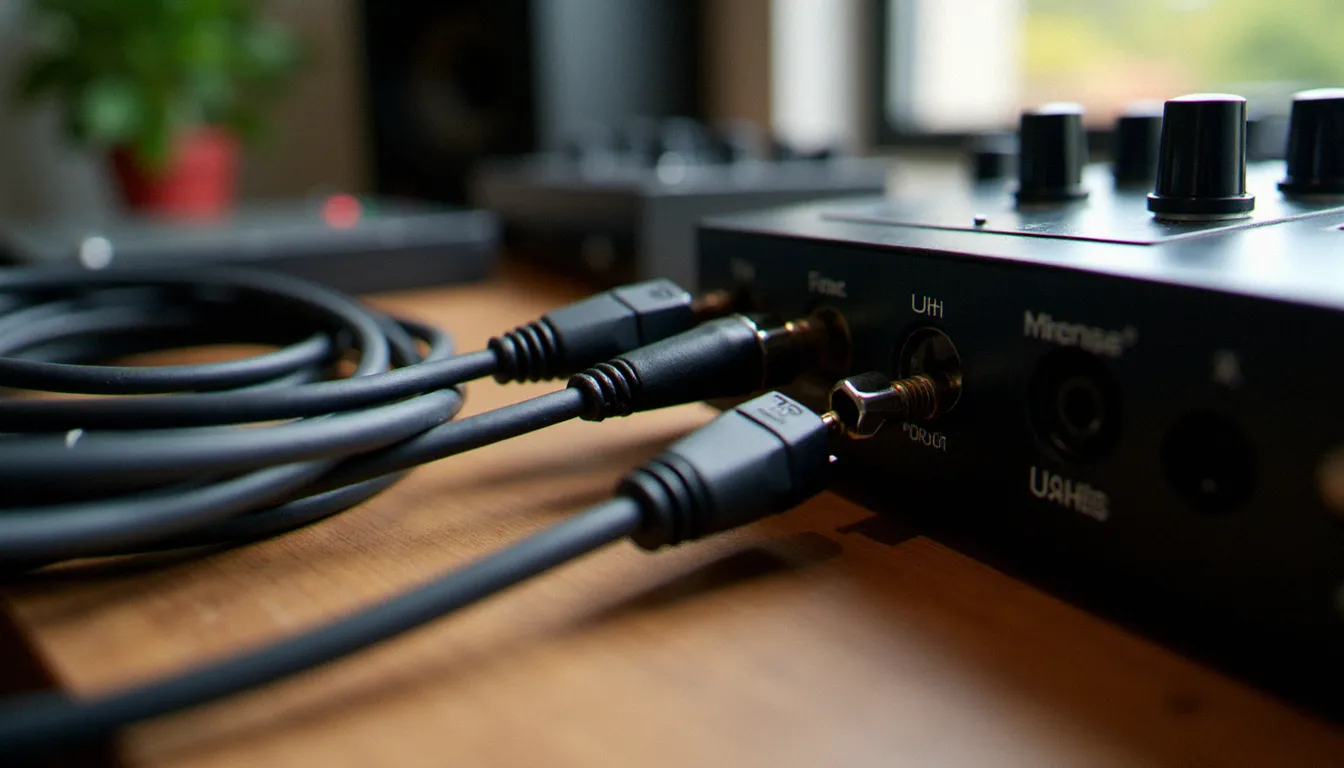 Câbles MIDI DIN 5 broches branchés sur une boîte à rythmes Roland TR-808 à côté d'une interface USB MIDI, illustrant les différents types de connexions MIDI matériel