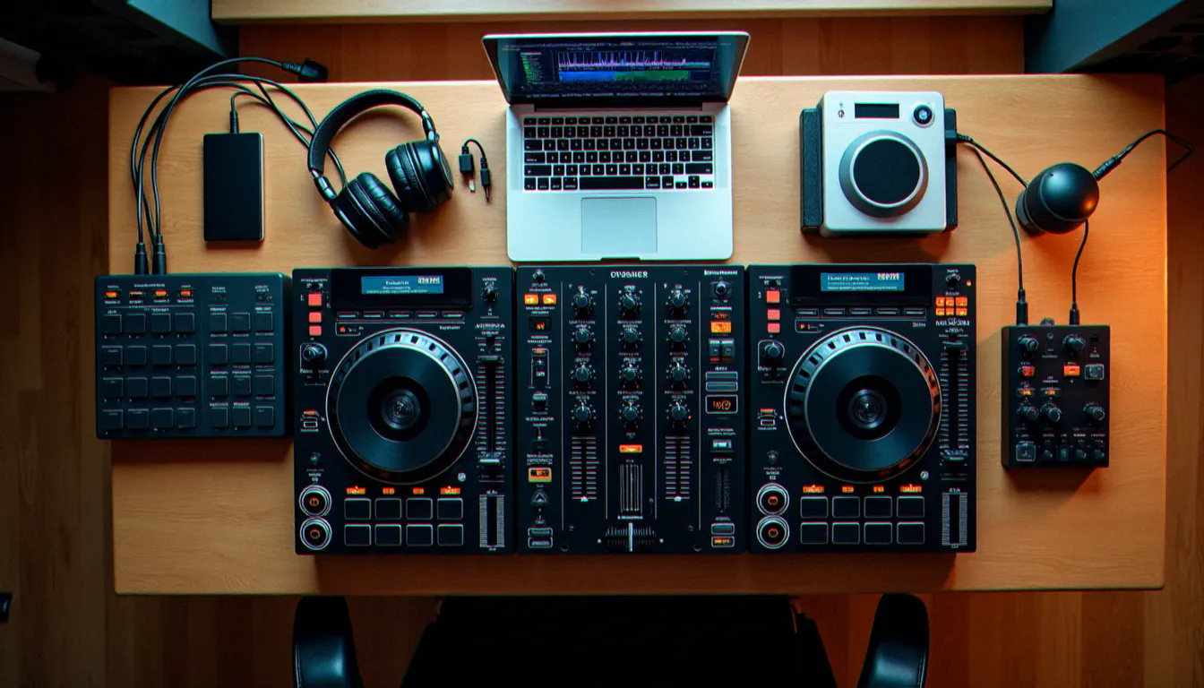 Vue aérienne d'un setup DJ hybride complet combinant platines Pioneer, mixette DJM, contrôleur MIDI Akai APC40 et clavier MIDI connectés à un ordinateur portable sous Ableton Live