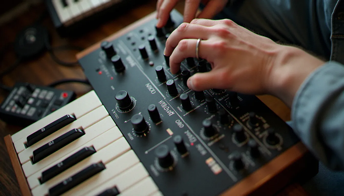 Mains d'un musicien réglant les paramètres d'un synthétiseur Korg Minilogue connecté via câble MIDI à une interface audio dans un studio