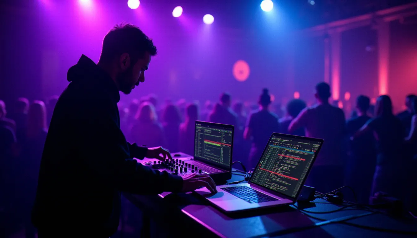Performeur DJ sur scène utilisant une boîte à rythmes Roland TR-8S et un contrôleur Arturia en configuration MIDI live dans un club avec éclairage ambiant coloré