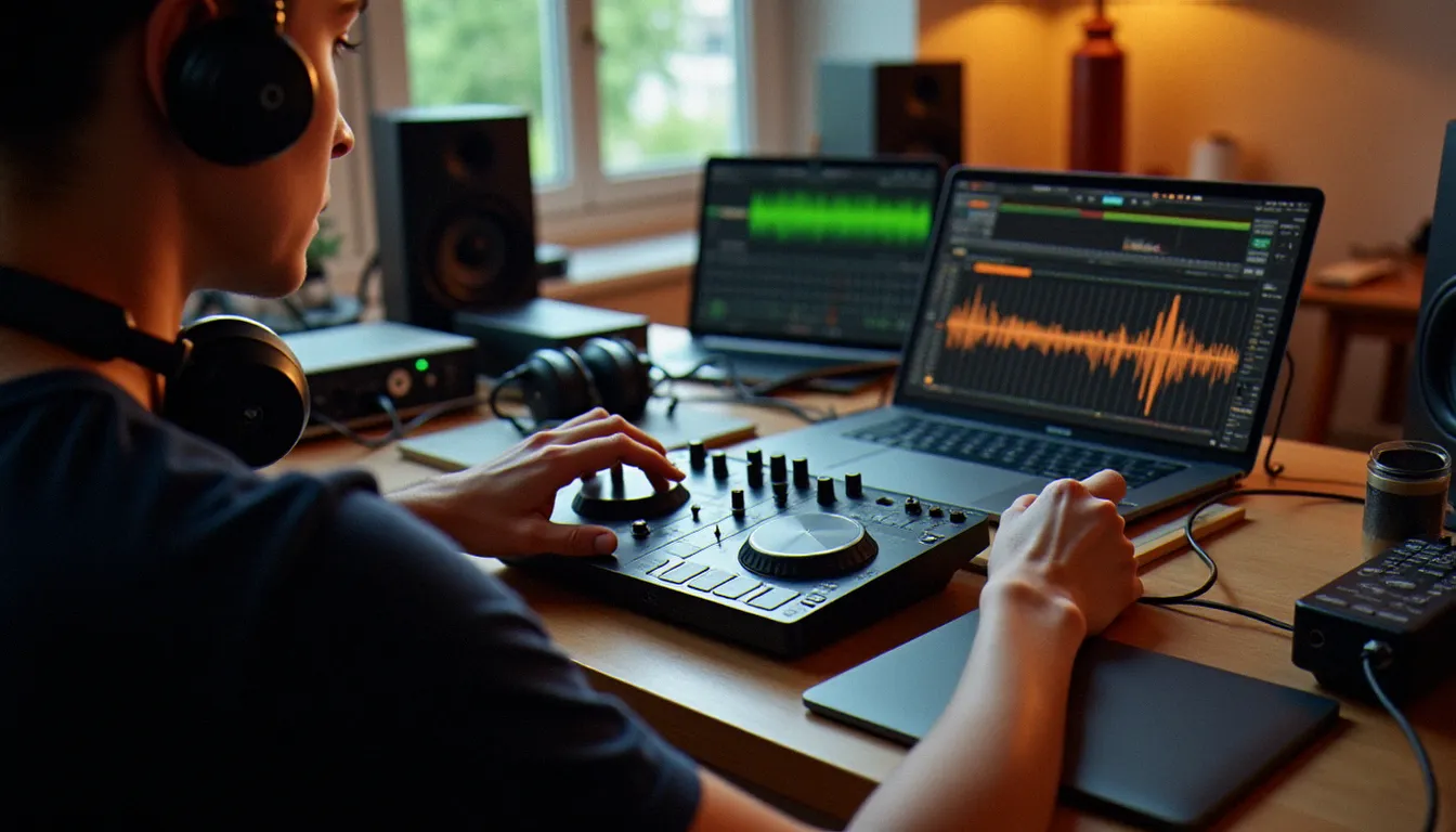 Musicien configurant un contrôleur DJ branché à un ordinateur portable dans un home studio, interface audio et câbles sur le bureau, lumière naturelle de fenêtre