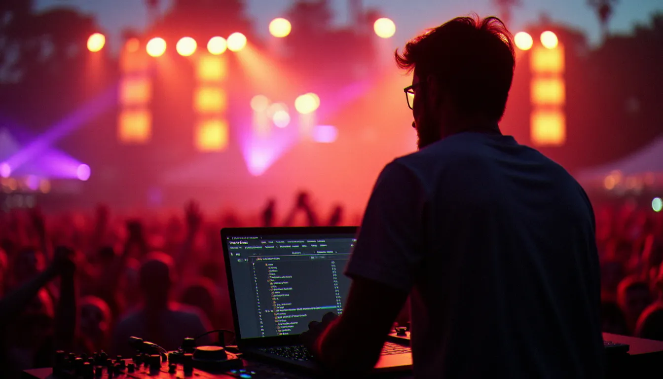 DJ en performance sur scène de festival en plein air au coucher du soleil, derrière un contrôleur professionnel à quatre canaux et un laptop, foule en arrière-plan sous des lumières LED colorées