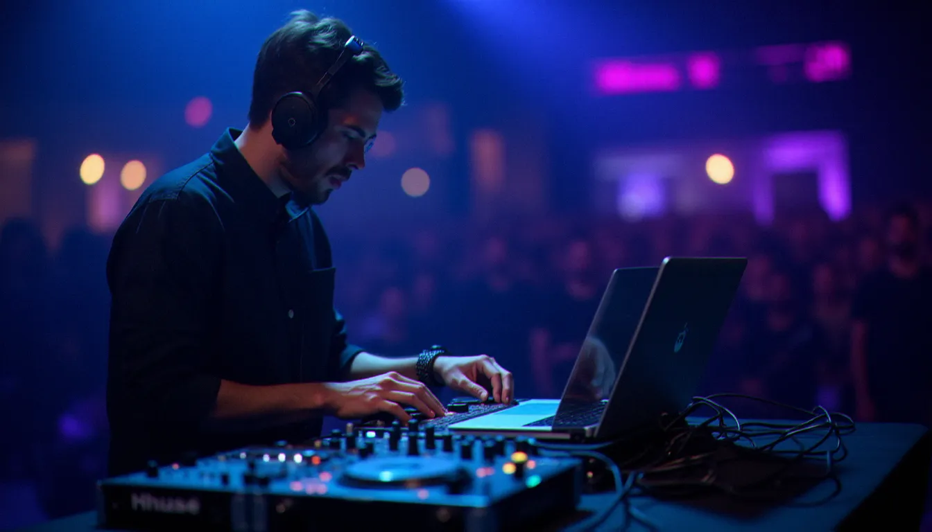 DJ professionnel en performance sur scène utilisant un ordinateur portable et un contrôleur MIDI, éclairage de club bleu et violet, illustration du mixxx logiciel dj en conditions réelles
