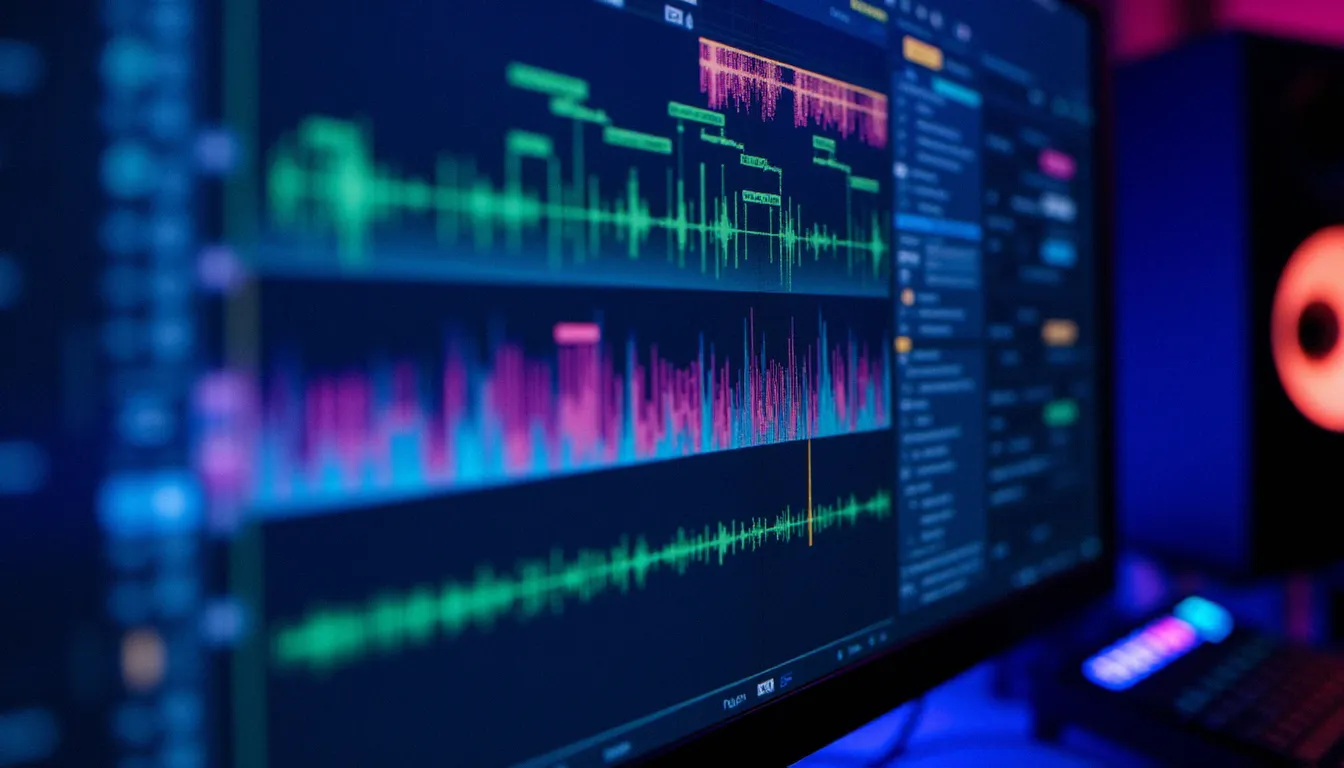 Interface détaillée d'un logiciel de musique assistée par ordinateur montrant des pistes audio colorées, un piano roll MIDI et des plugins audio actifs dans une session de production