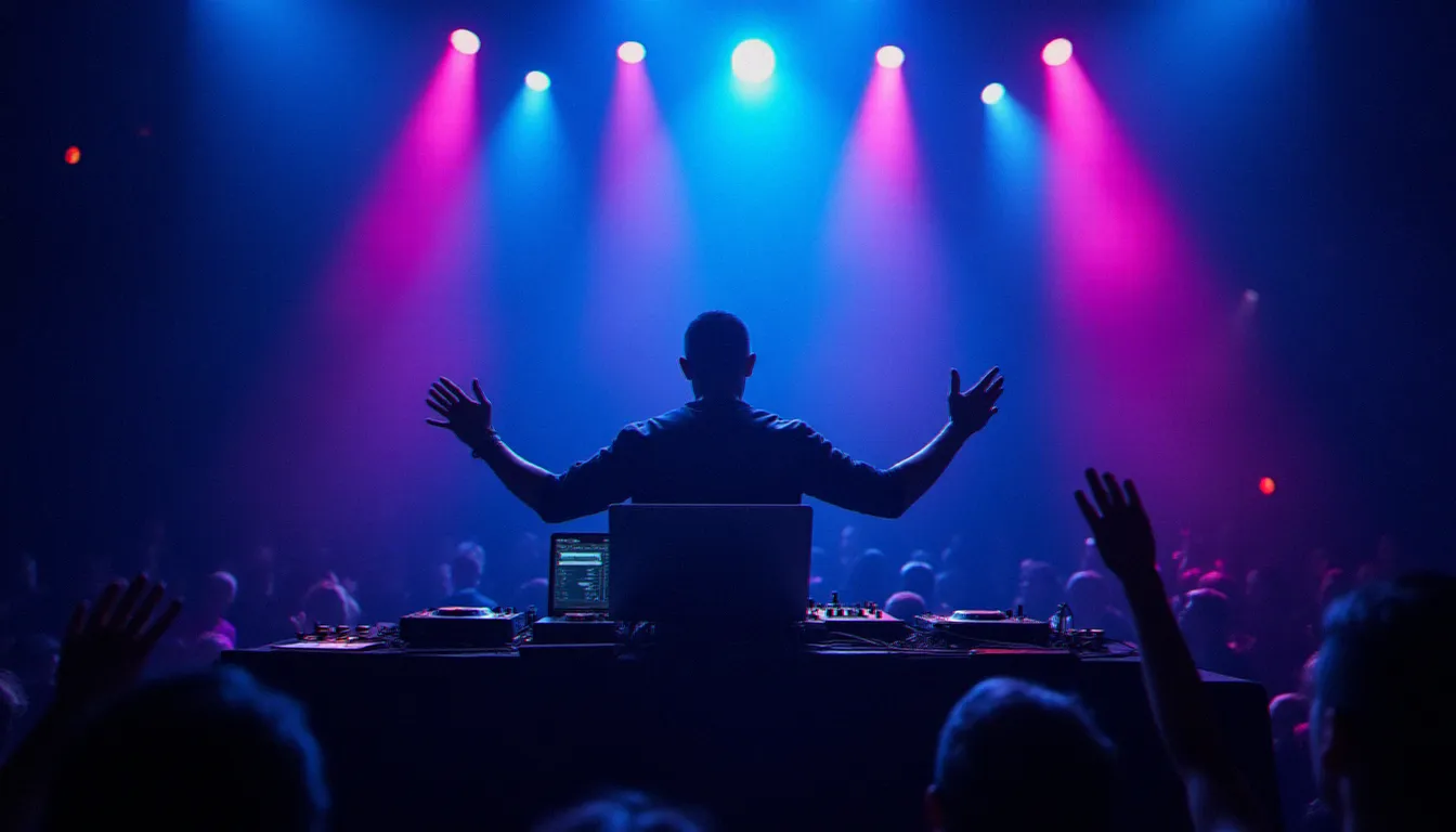 DJ utilisant la musique assistée par ordinateur lors d'une performance live sur scène de club, ordinateur portable DAW synchronisé avec contrôleurs et mixeur sous des lumières scéniques colorées