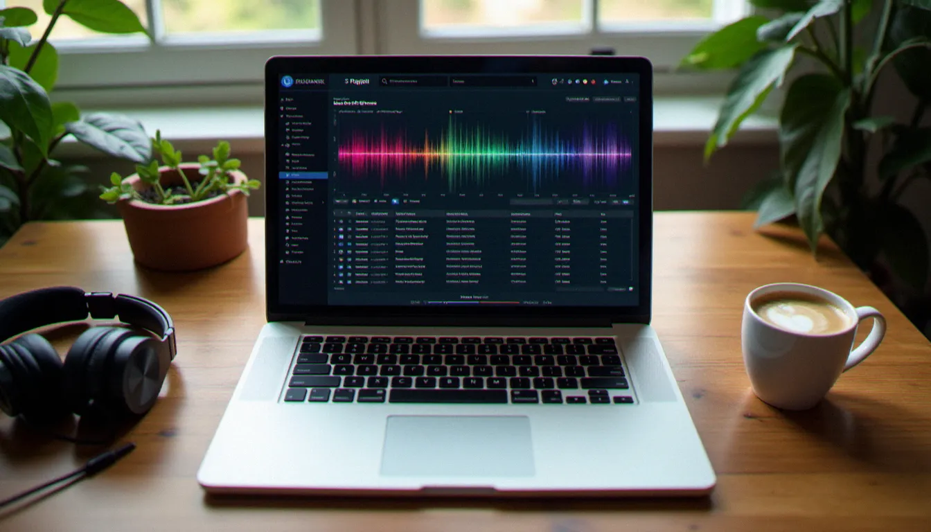 Écran d'ordinateur affichant une interface d'analyse de bibliothèque musicale avec formes d'ondes colorées et données BPM, représentant l'analyse des titres dans Rekordbox