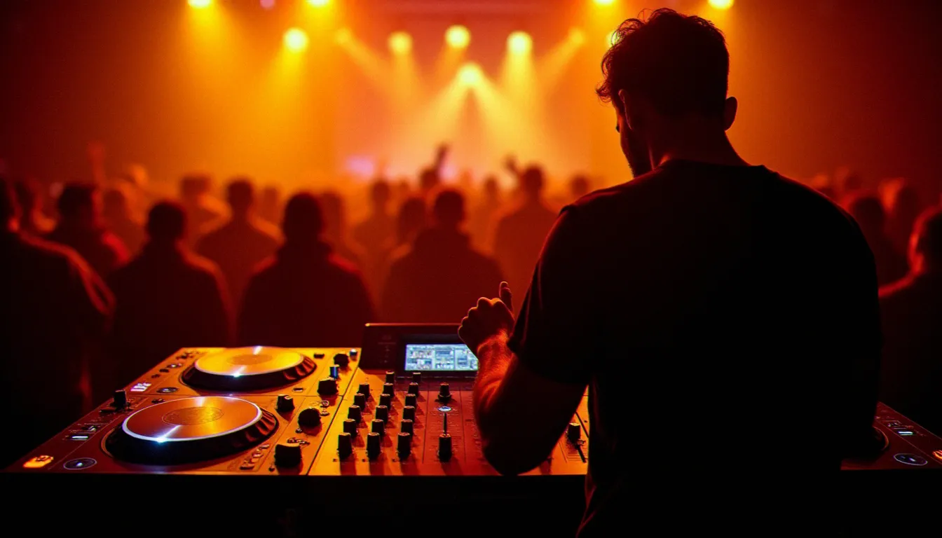 Cabine DJ professionnelle en club avec platines CDJ et mixeur Pioneer, illustrant le standard technique des clubs qui utilisent l'écosystème Pioneer DJ Rekordbox