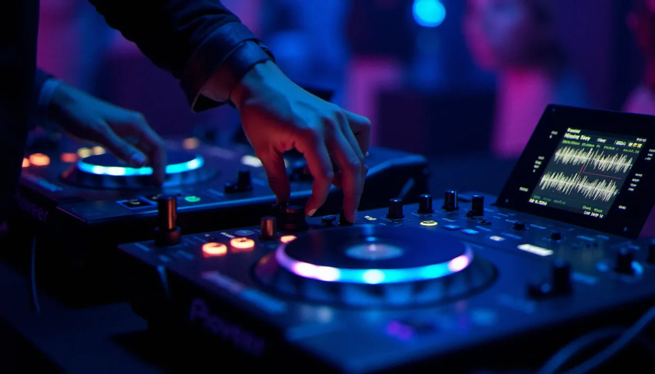 DJ professionnel utilisant des platines Pioneer CDJ-3000 en club, illustrant l'utilisation de Pioneer DJ Rekordbox en conditions réelles