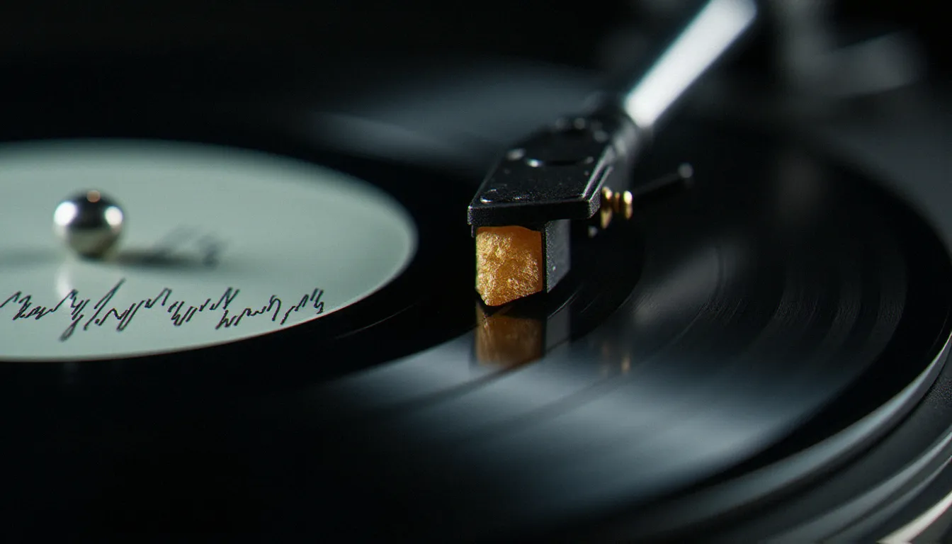 Gros plan extrême sur la pointe diamant d'une cellule de lecture posée sur un vinyle timecode pour système DVS de platine vinyle numérique