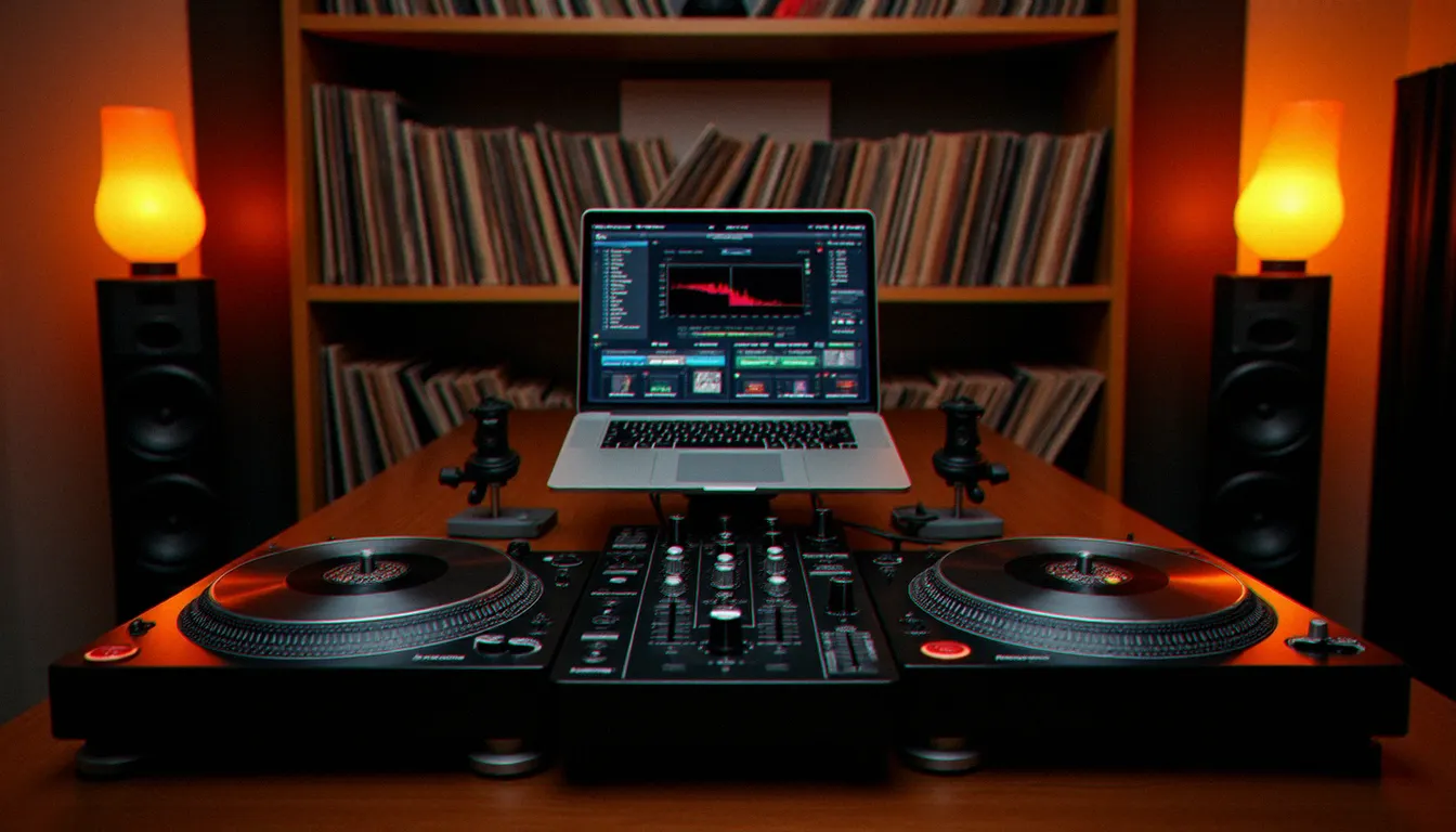 Studio DJ home équipé de deux platines vinyle numériques Pioneer PLX-1000 encadrant un mixer, avec logiciel Serato DJ Pro visible sur ordinateur portable posé en fond de setup