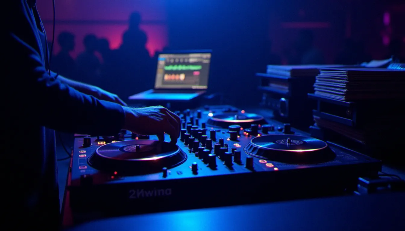 DJ professionnel en cabine de club manipulant deux platines vinyle numériques motorisées avec logiciel DVS affiché sur écran d'ordinateur portable