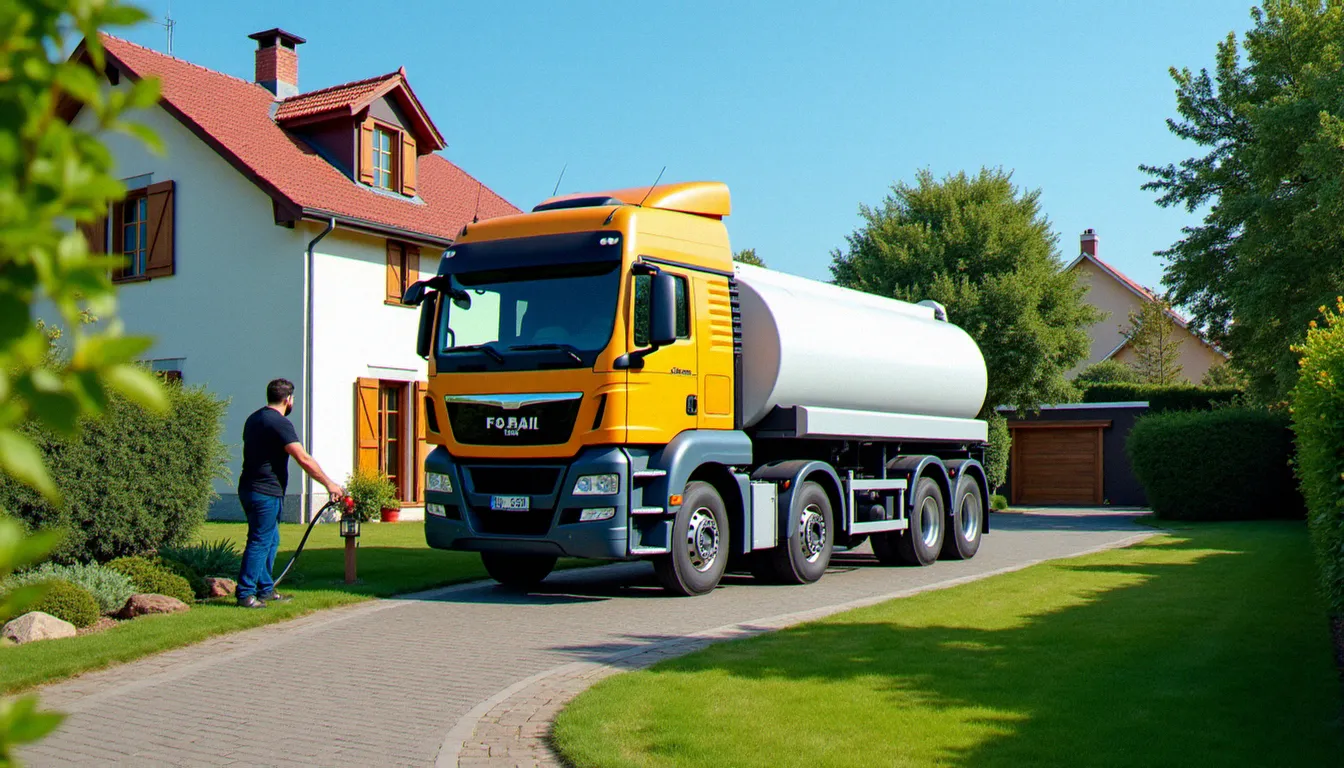 Camion de livraison de fioul domestique devant une maison française en été, représentant les livraisons de fioul à prix saisonnier