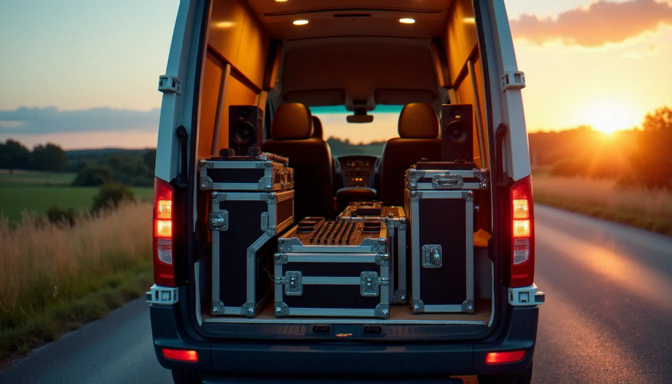 Van de DJ chargé de matériel audio stationné sur une aire d'autoroute en Auvergne lors d'un déplacement pour une date à Vichy