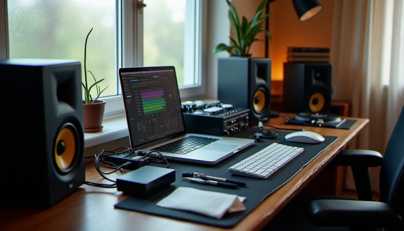 Configuration complète de studio home pour diffuser un set DJ en ligne, avec interface audio Focusrite, mixeur DJ et câbles organisés sur un bureau de travail professionnel