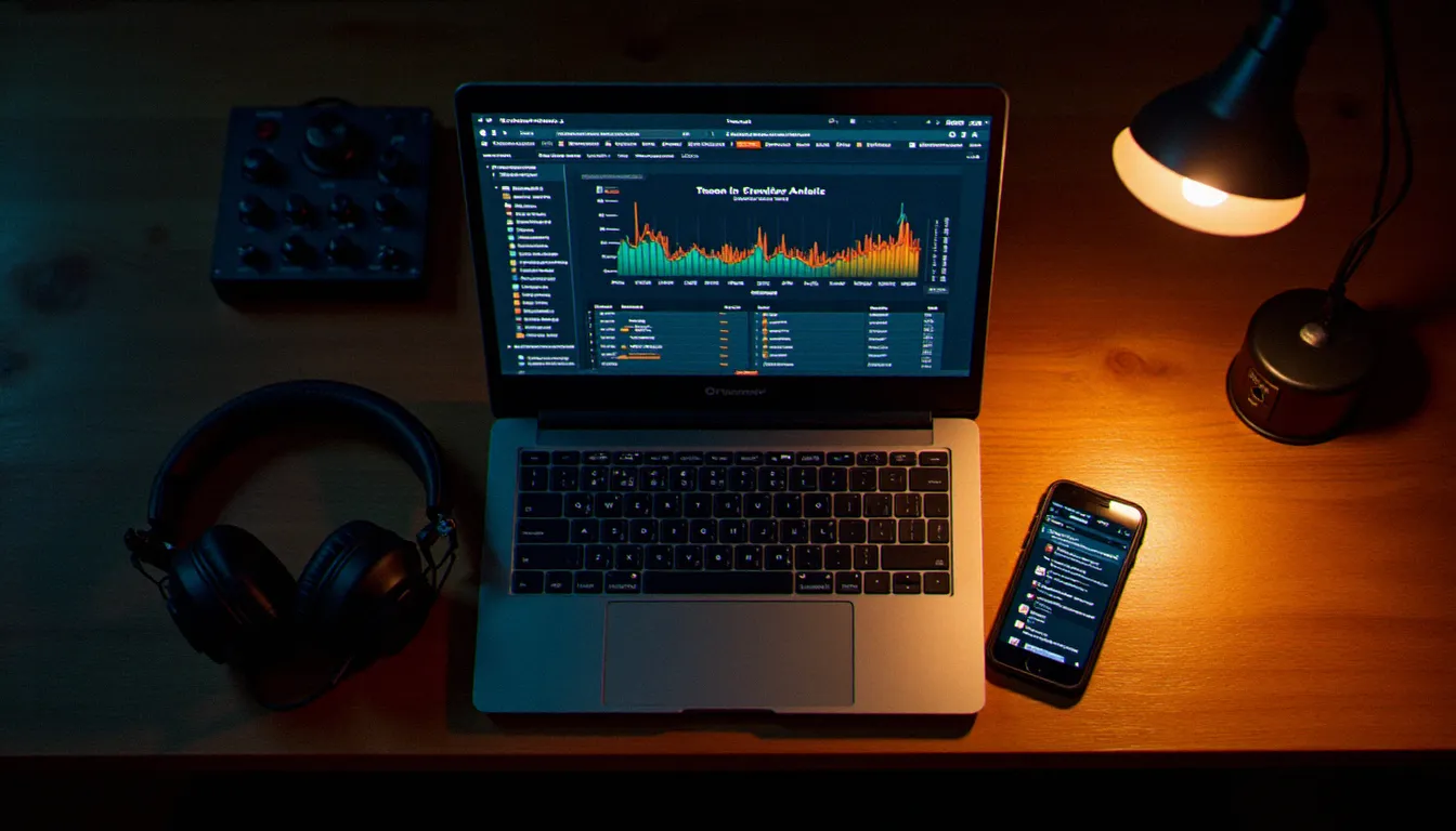 Vue en plongée d'un setup de streaming DJ nocturne avec statistiques d'audience en direct sur écran, contrôleur DJ compact et casque professionnel sur bureau en bois chaud