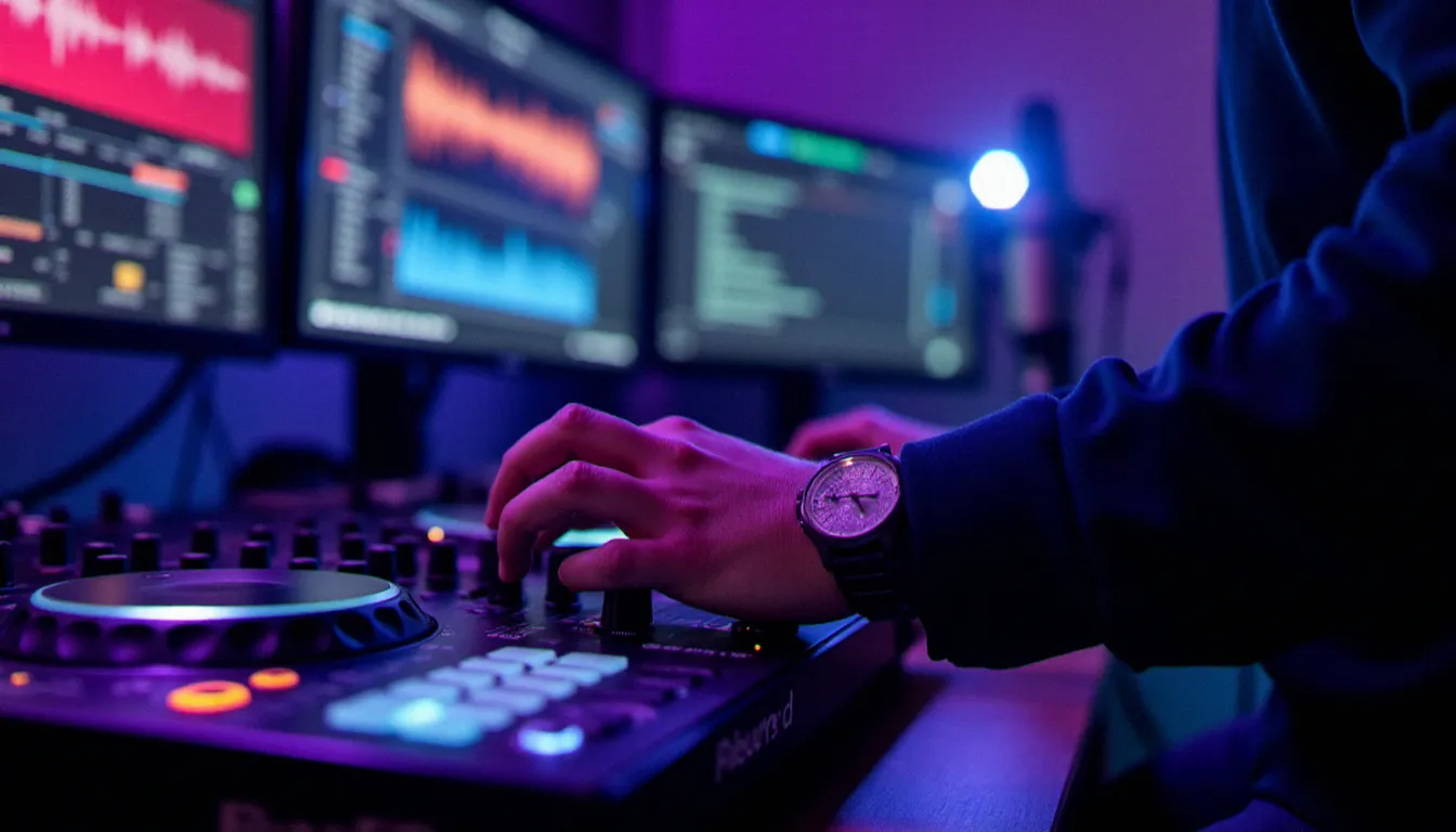 DJ réalisant un set DJ en ligne depuis son studio à domicile, avec contrôleur Pioneer et écrans affichant des logiciels de mixage et une interface de streaming en direct