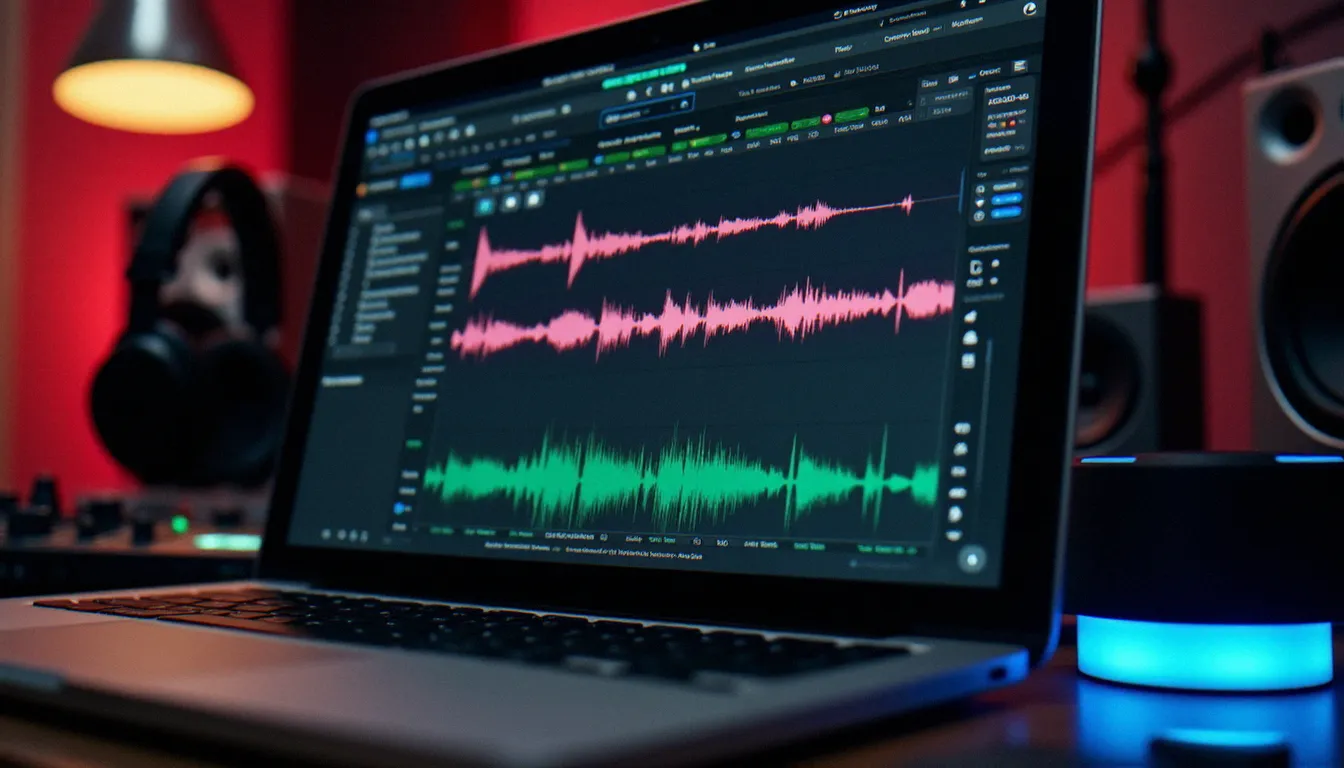 Écran d'ordinateur affichant l'interface du logiciel Traktor Pro 3 avec les formes d'onde et la bibliothèque musicale dans un studio d'enregistrement