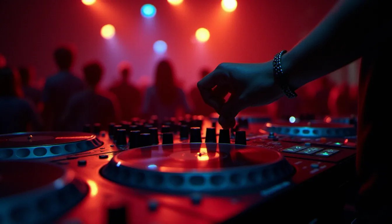 Mains d'un DJ ajustant les réglages d'une table de mixage professionnelle avec des platines vinyle et le système timecode Traktor en arrière-plan