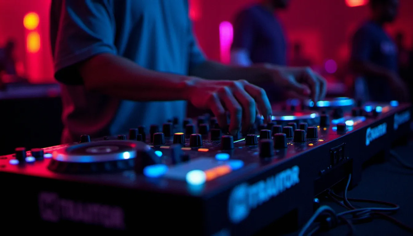 DJ professionnel en train de mixer sur un contrôleur Native Instruments Traktor, logiciel DJ affiché sur l'écran en arrière-plan dans un club de nuit