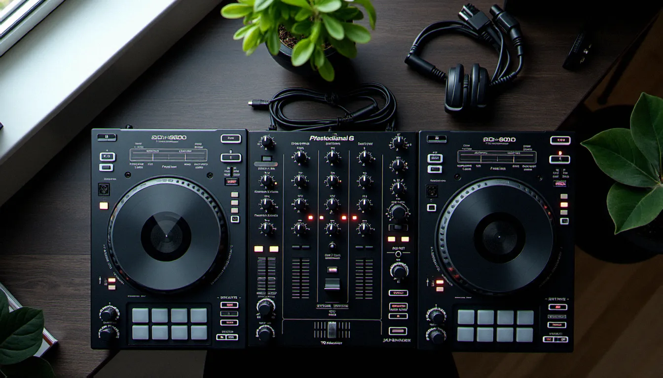 Vue de dessus du matériel DJ professionnel disposé sur un bureau de studio, avec contrôleur, interface audio et câbles organisés