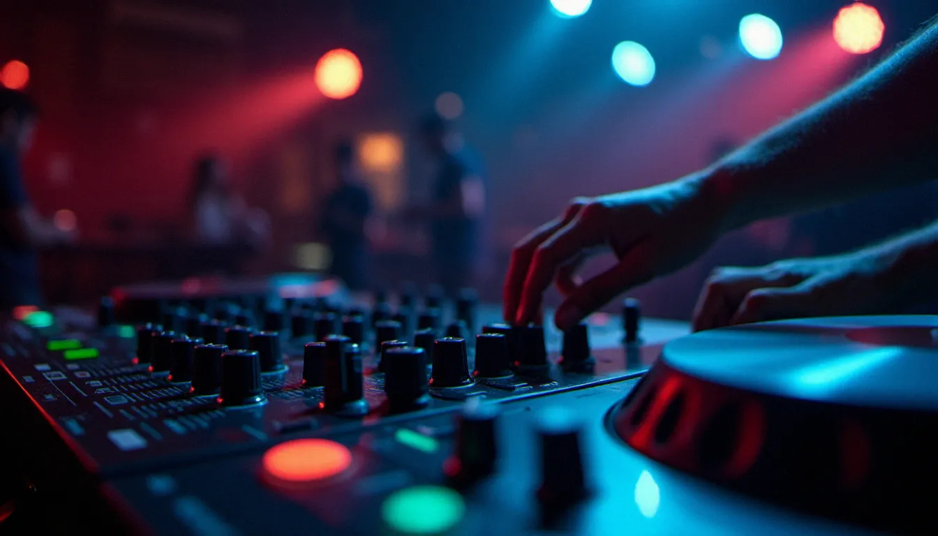 Mains d'un DJ réglant les knobs de gain sur un mixeur analogique professionnel dans un club, avec platine vinyle visible en arrière-plan