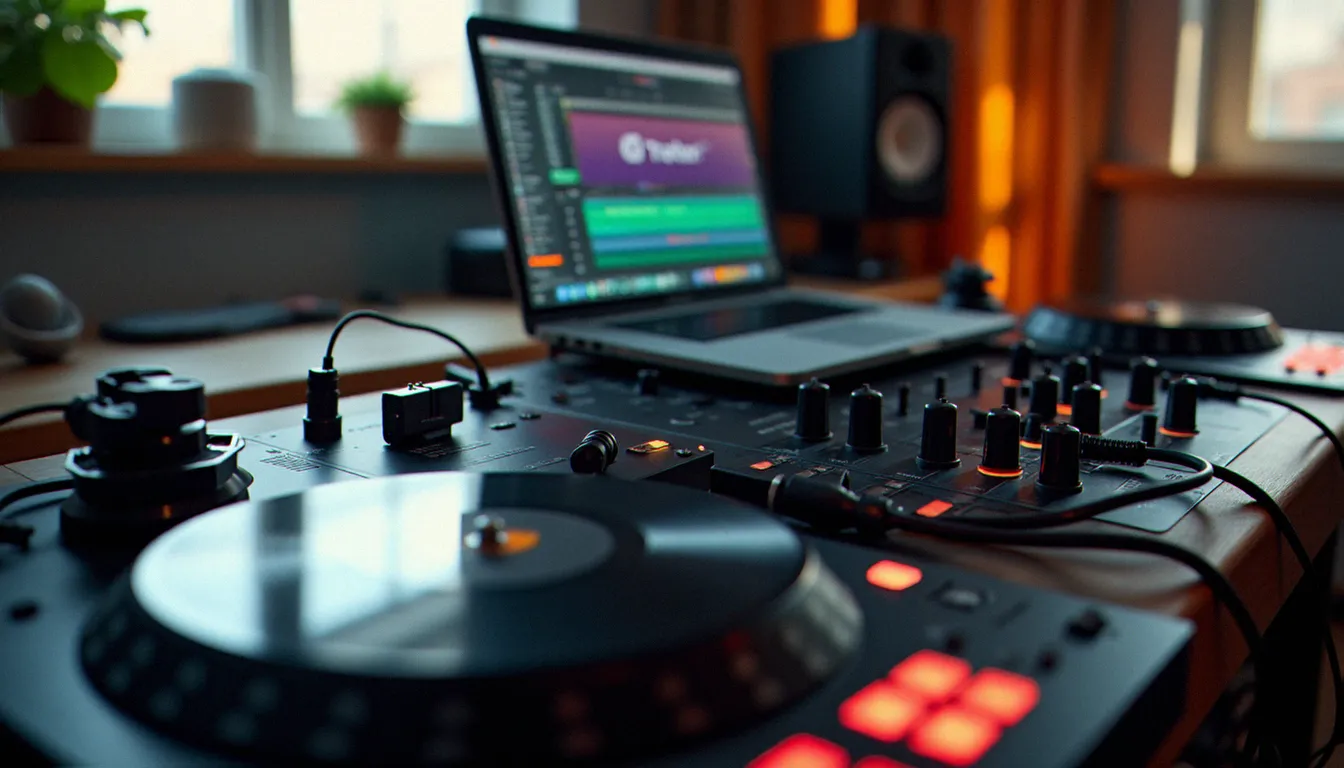 Configuration hybride DVS avec platines vinyle, interface audio USB et logiciel Traktor Pro sur ordinateur portable dans un studio de DJ