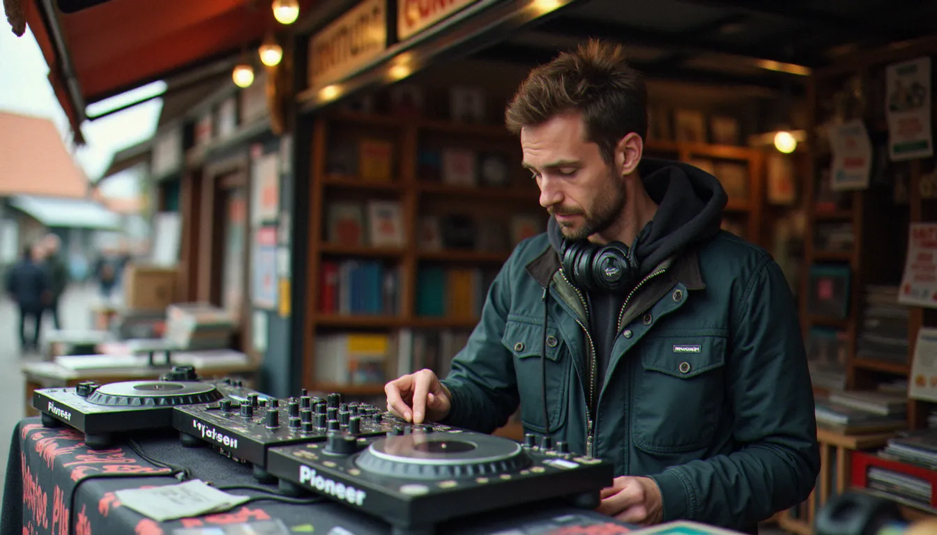 DJ examinant du matériel traditionnel d'occasion — table de mixage et CDJ — sur un stand de marché spécialisé en équipements DJ