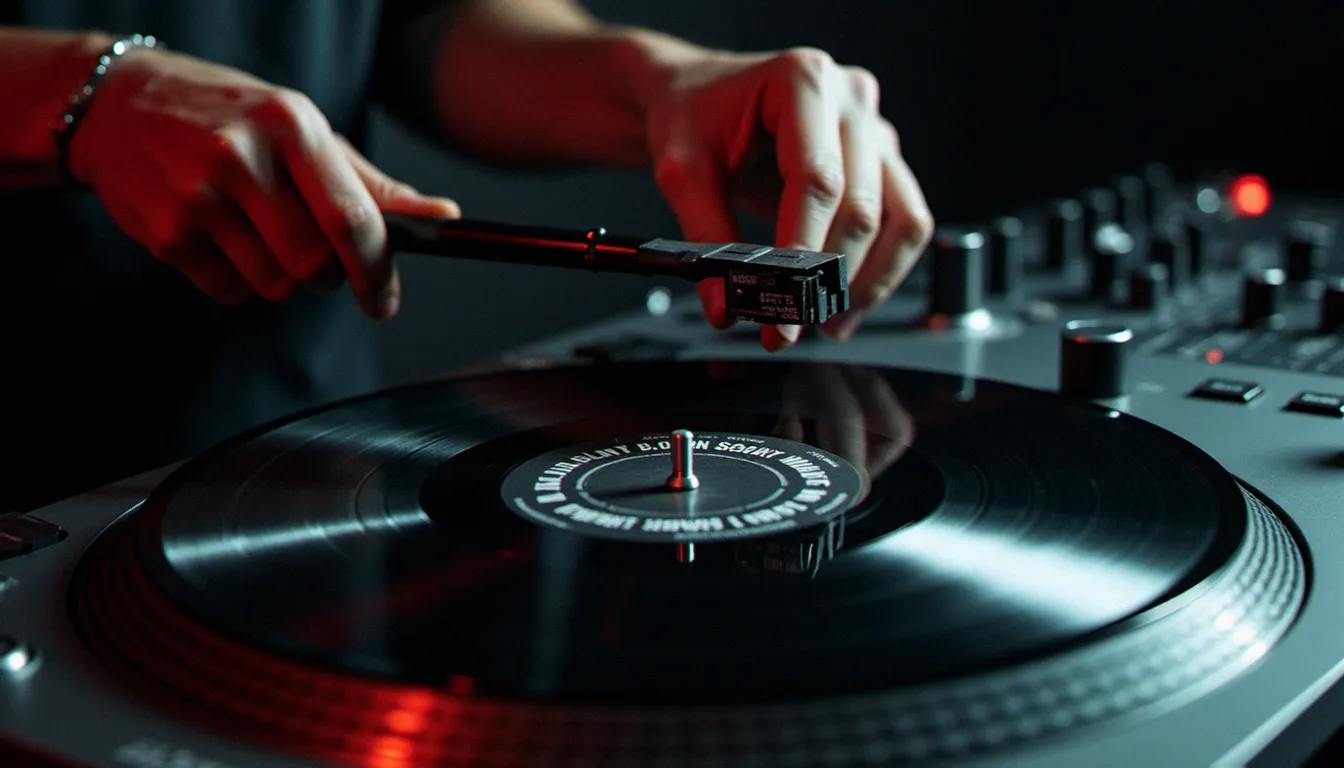 Mains d'un DJ posant un disque vinyl timecode sur une platine Technics SL-1200 pour un système DVS