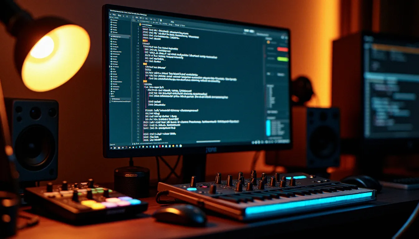Studio de production avec ordinateur affichant les notes de mise à jour d'une version de logiciel DJ et interface audio connectée