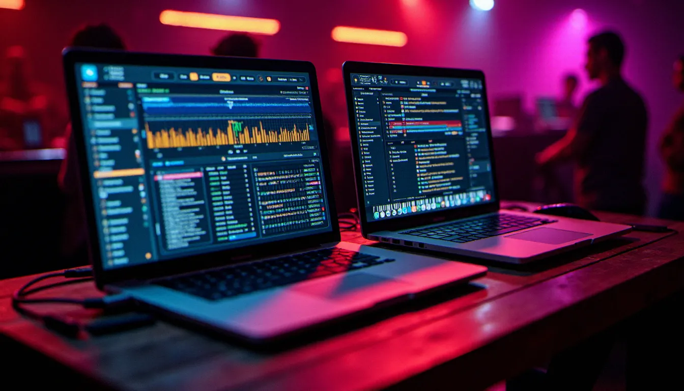 Deux ordinateurs portables comparant deux versions différentes d'un logiciel DJ installées côte à côte sur une régie de mixage