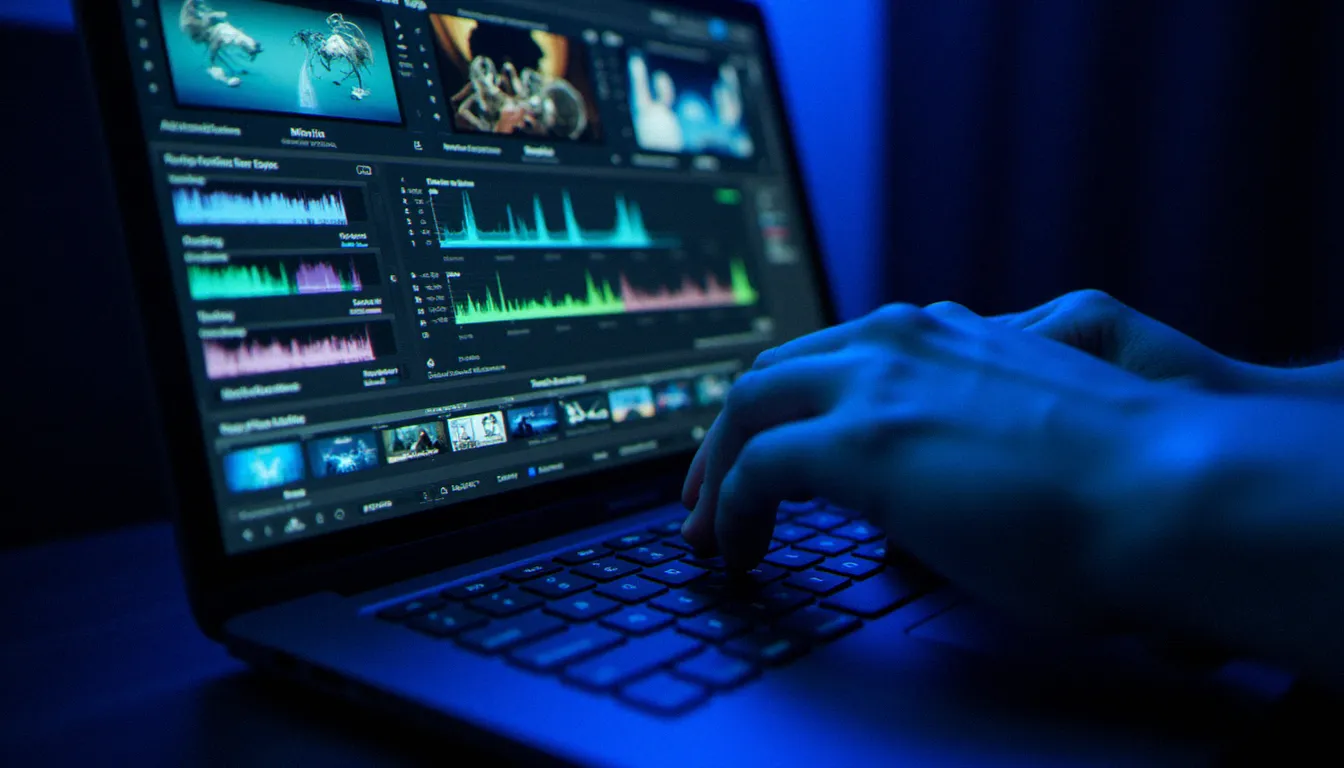Interface du logiciel Resolume Avenue ouverte sur un ordinateur portable, montrant la grille de clips vidéo et les réglages d'effets utilisés par un vidéo jockey