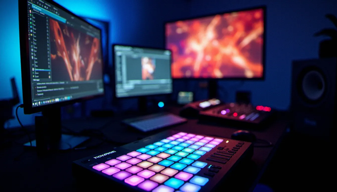 Setup complet d'un vidéo jockey avec contrôleur Novation Launchpad RGB et doubles écrans affichant des visuels génératifs colorés projetés en arrière-plan