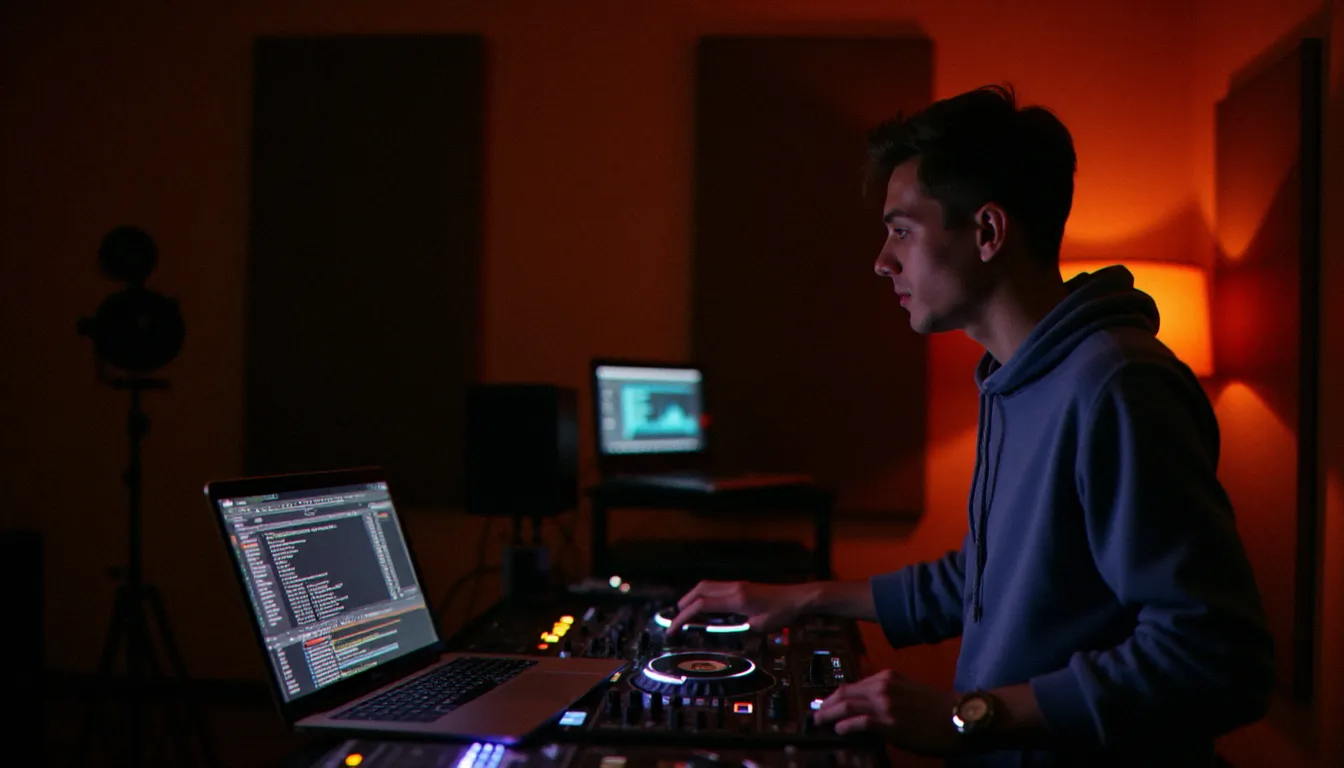 DJ devant son setup numérique avec un logiciel virtual dj gratuit ouvert sur ordinateur portable en studio home