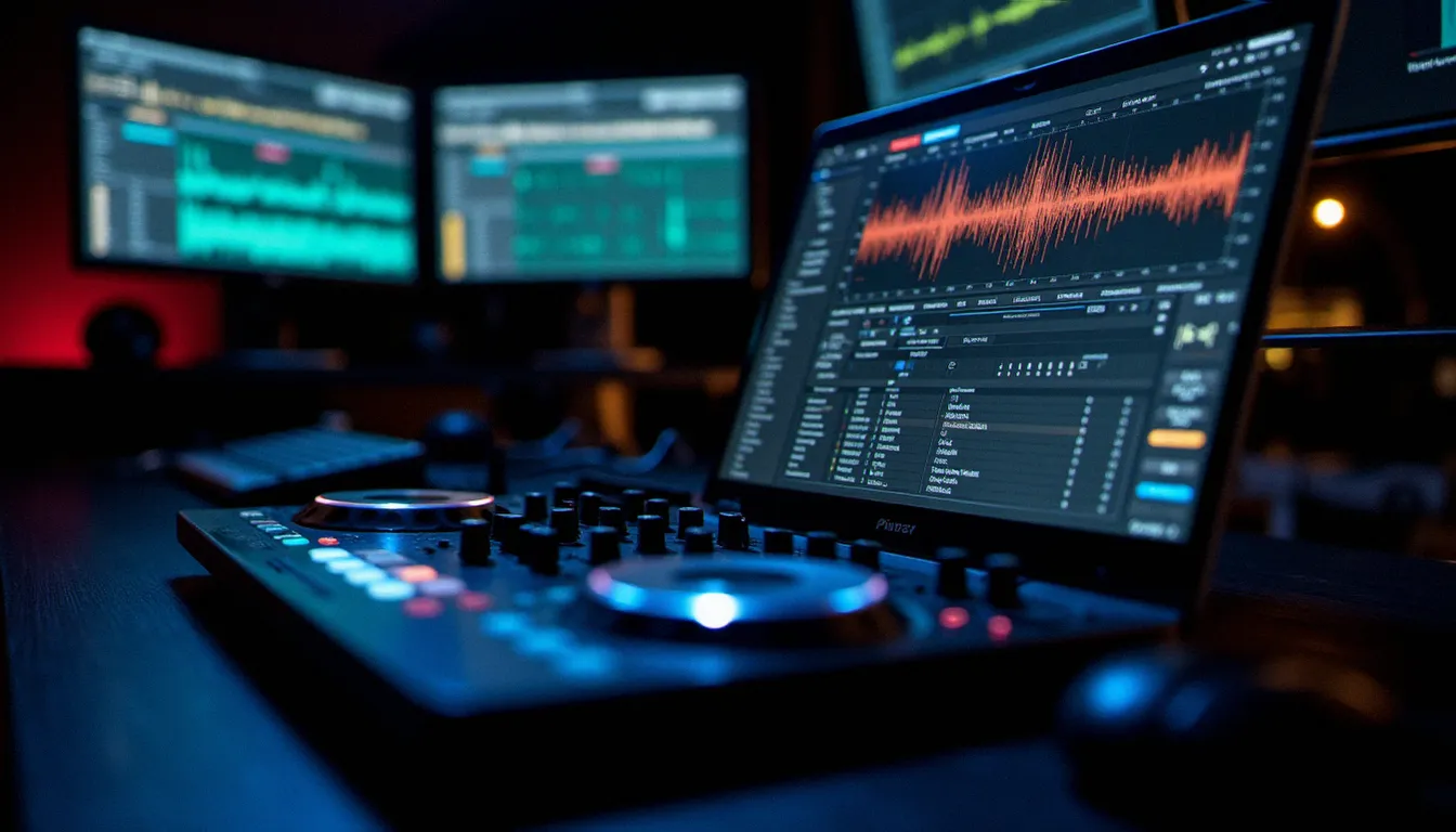 Interface de logiciel DJ professionnel affichant des formes d'ondes et analyses harmoniques sur ordinateur portable dans un studio sombre
