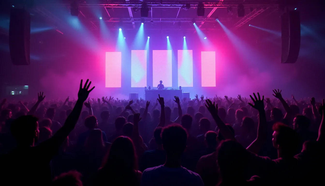 DJ professionnel en performance dans un club de Miami bondé lors d'un événement de la Winter Music Conference avec éclairages dramatiques