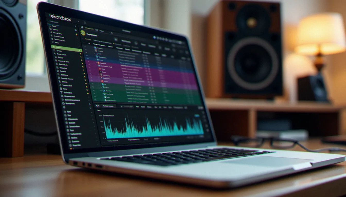 Écran d'ordinateur affichant une bibliothèque musicale organisée dans un logiciel DJ de type rekordbox pour préparer la saison estivale