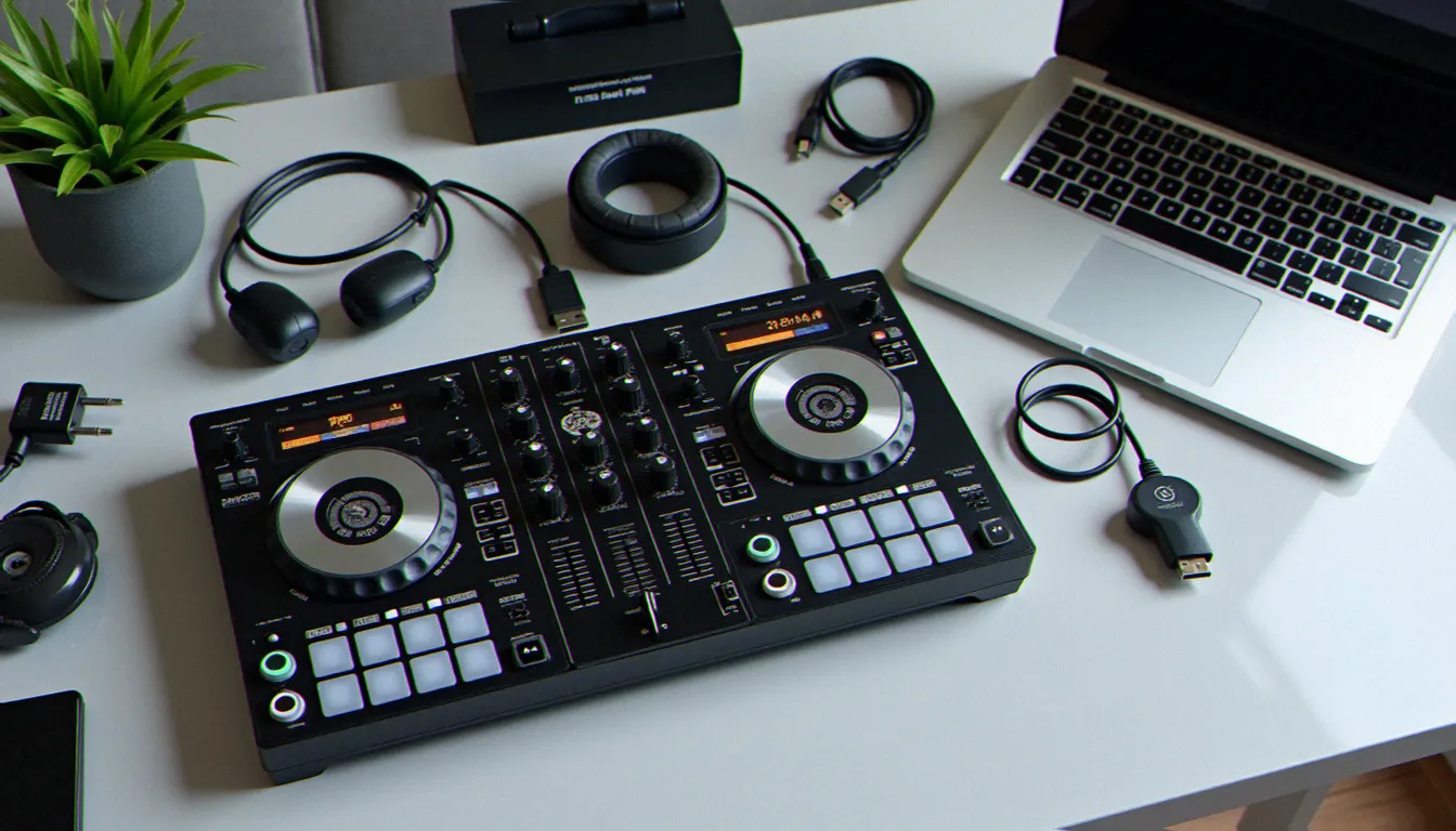 Matériel DJ disposé pour inspection avant la saison d'été — contrôleur, interface audio, câbles et clés USB vérifiés avant un festival en plein air