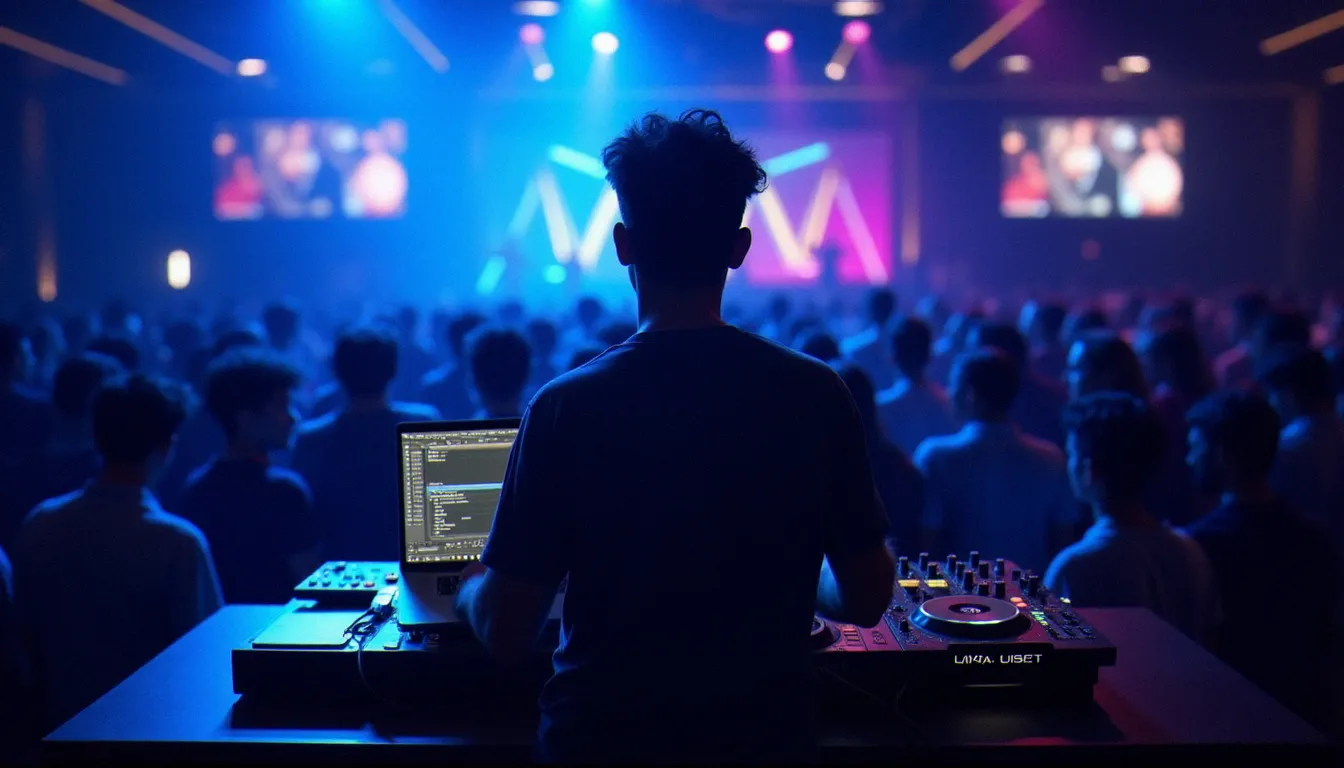DJ professionnel en set live avec configuration PC compatible et interface audio externe dans un club