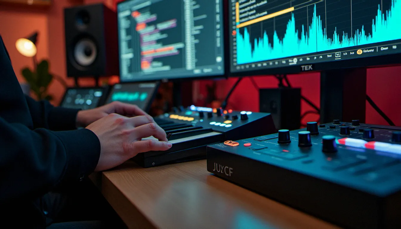 Les mains d'un développeur audio codant un plugin DJ avec une interface MIDI et un analyseur de spectre en arrière-plan
