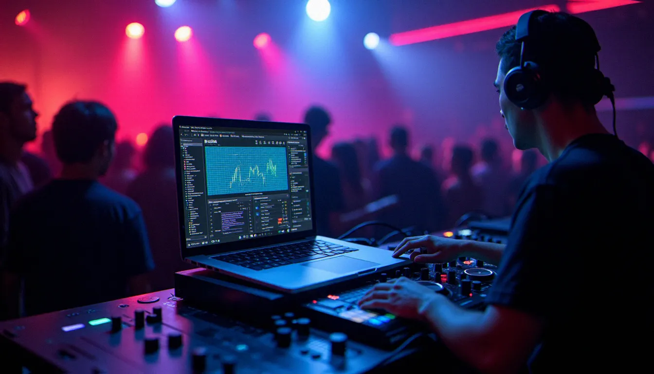 Un DJ utilisant un logiciel de mixage développé sur mesure lors d'une performance en club, interface personnalisée visible sur l'écran