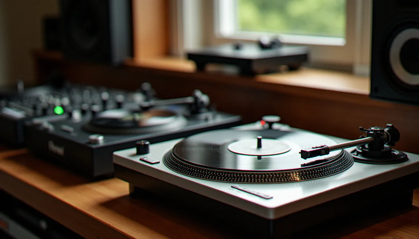 Comparaison entre platines vinyle Technics SL-1200 vintage et platines CDJ numériques Pioneer, illustrant l'évolution du matériel de djing