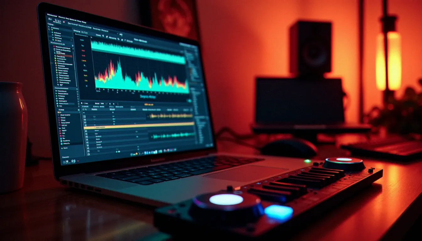 Interface de logiciel DJ affichant des formes d'ondes et des cue points sur écran d'ordinateur, avec contrôleur MIDI au premier plan dans un home studio