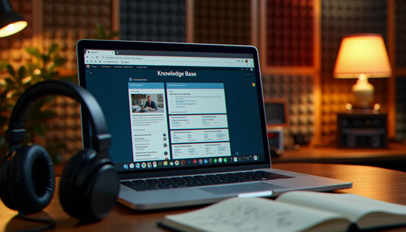 Consultation d'une base de connaissances en ligne pour logiciel DJ, avec un casque et des notes manuscrites sur le bureau