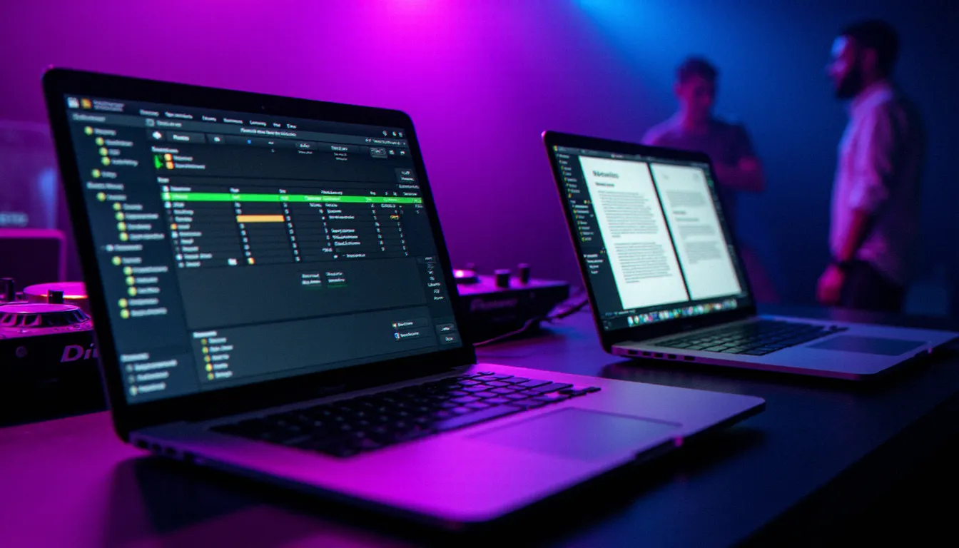 Comparaison de deux documentations logicielles DJ côte à côte sur des écrans d'ordinateur dans une cabine de DJ professionnelle