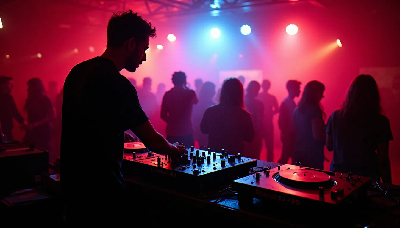 Club house de Chicago dans les années 1980 avec DJ et foule en danse, berceau de la house music aux états-unis