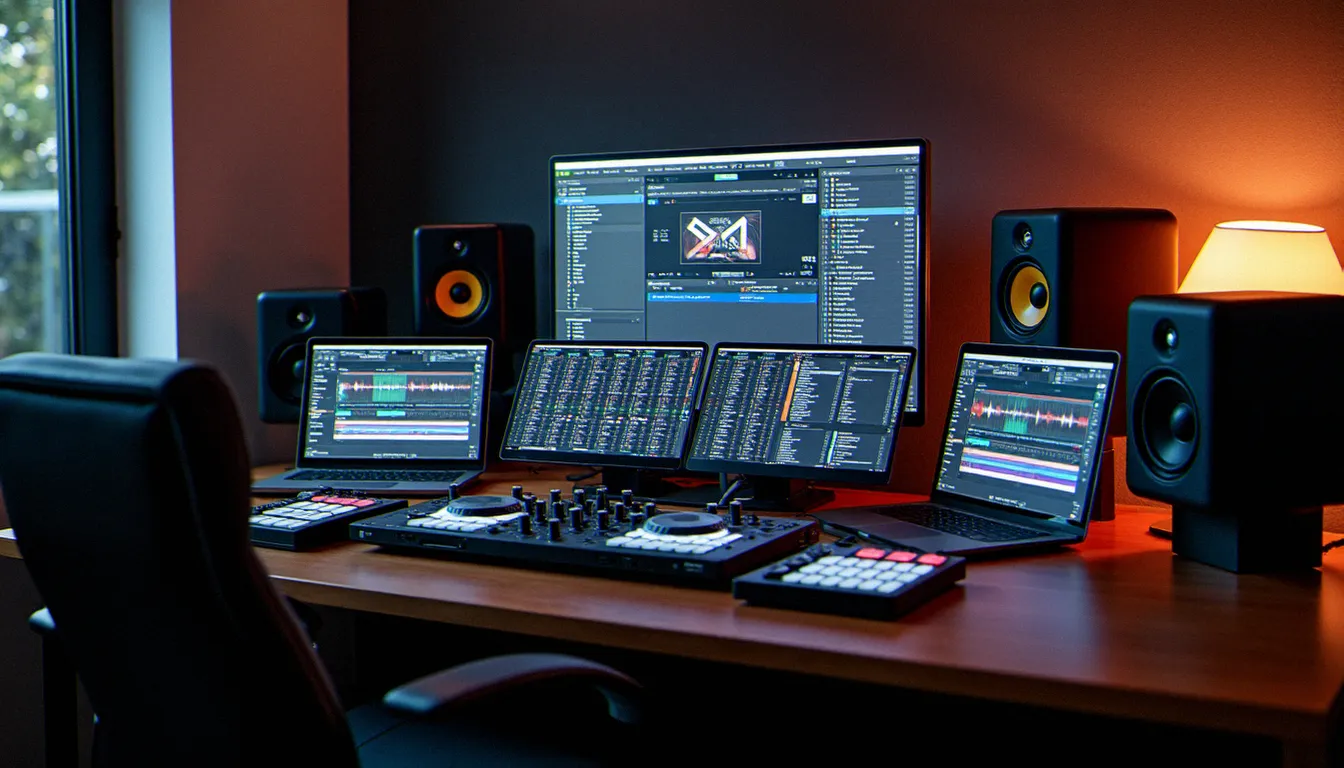 Studio DJ professionnel avec logiciels Serato et rekordbox ouverts sur ordinateur, représentant les outils nés de la scène américaine